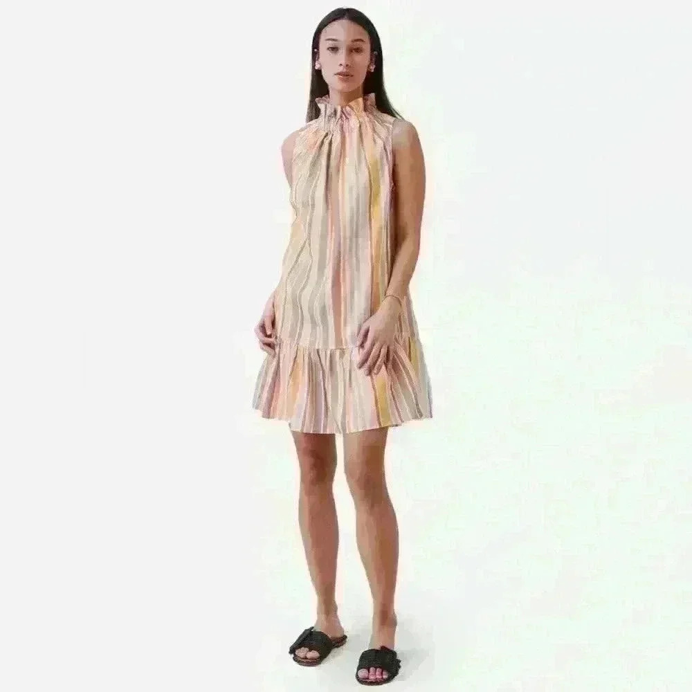NWT EPHEMERA Women's Garland Striped High Neck Mini Dress Size Medium 100% Linen - Picture 2 of 9